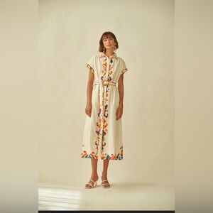 Carolina K Printed Shirt Dress Neutral Long Button Front Belted NWOT